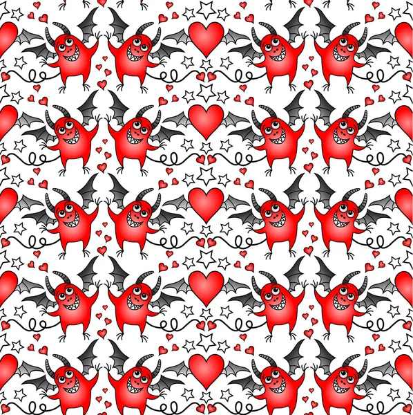 Seamless background with cheerful devils and hearts — Stock Vector