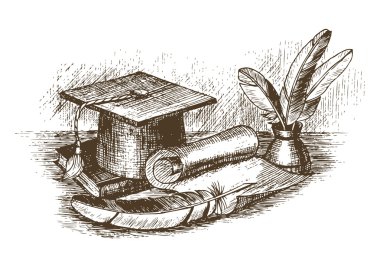 Graduation cap, inkstand with feathers and scroll draw by hand clipart