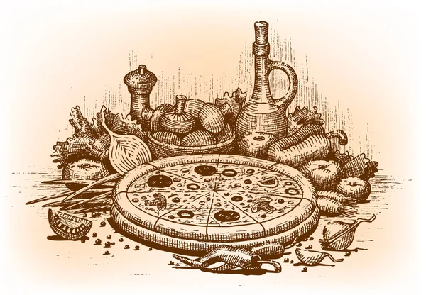 Pizza-Illustration von Hand gezeichnet — Stockvektor