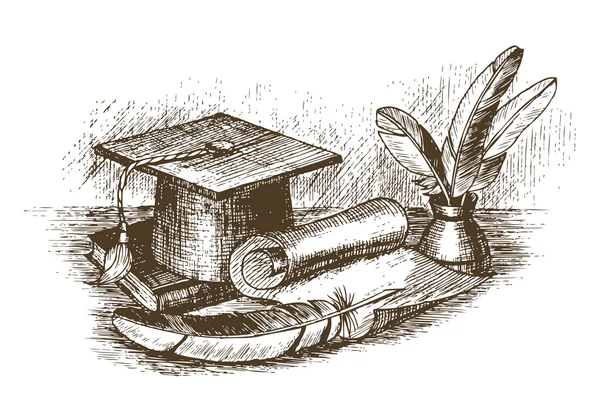 Casquette graduée, encrier avec plumes et dessin à la main — Image vectorielle