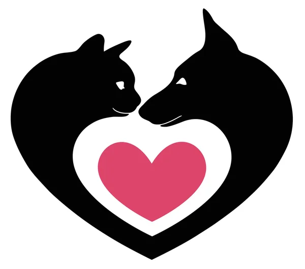 Kat en hond in het hart — Stockvector