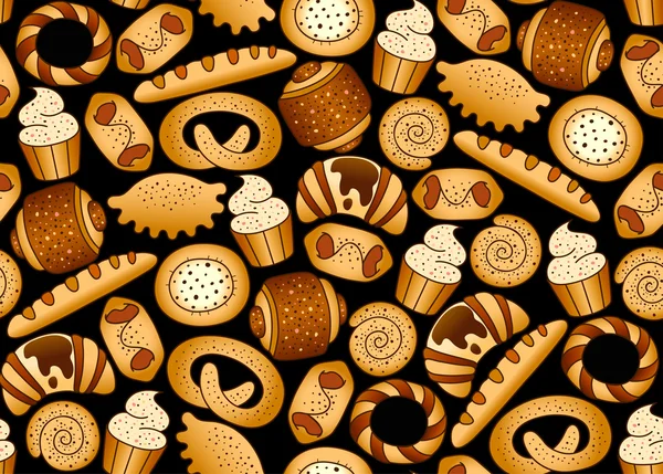 Produits de boulangerie sur le fond noir sans couture — Image vectorielle