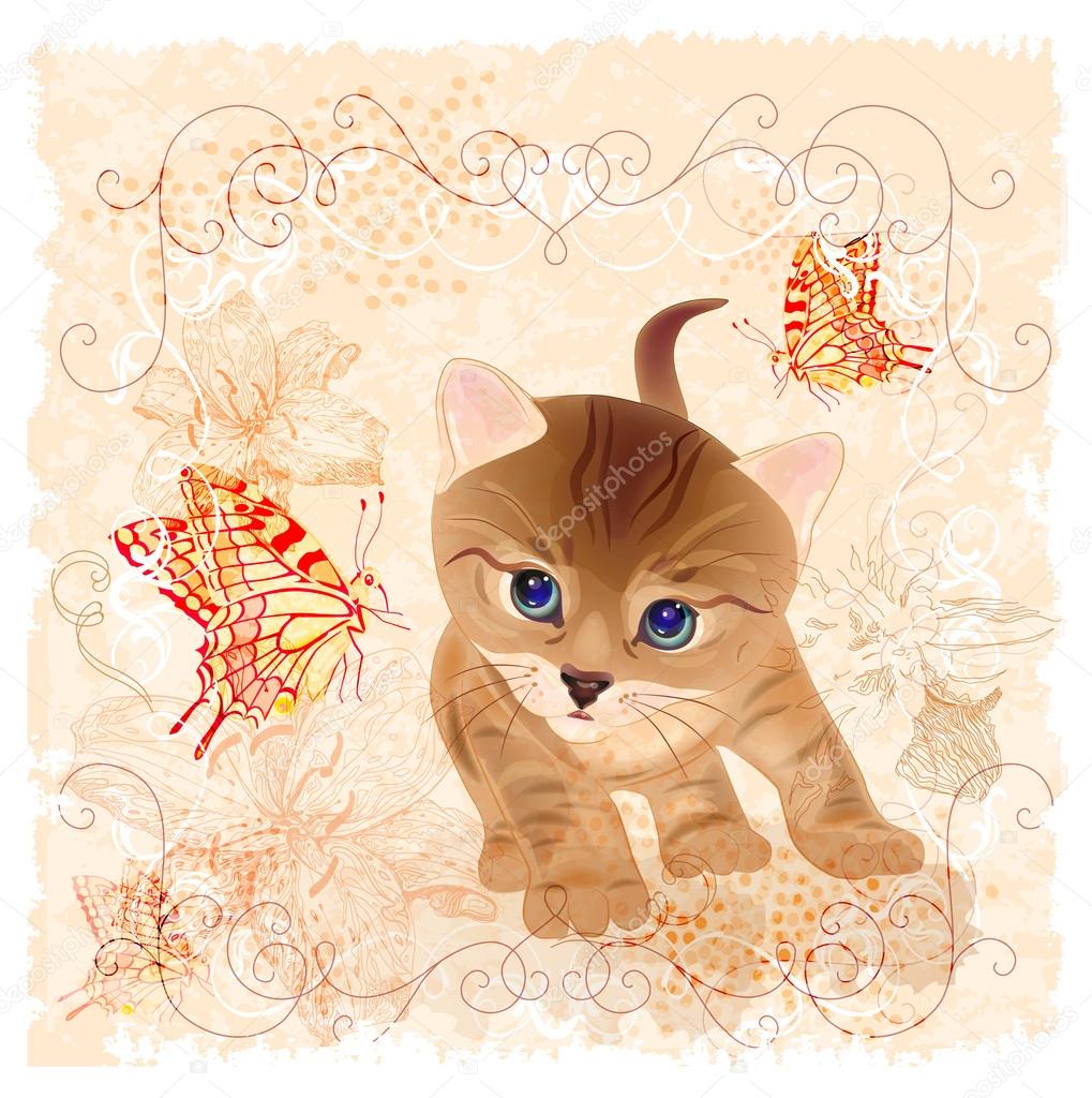 Birthday card with little kitten, flowers and butterflies Stock Vector  Image by ©sannare #13213347