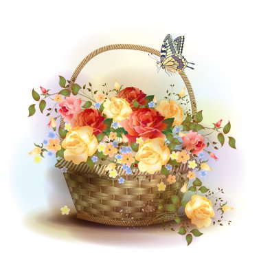 Wicker basket with roses. Victorian style.