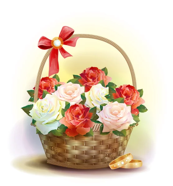 Cartão de casamento. Anéis e cesta de vime com rosas . — Vetor de Stock