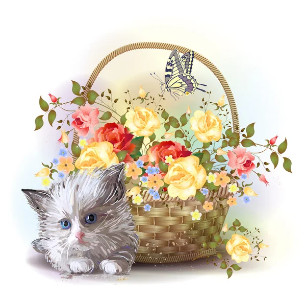 Illustration of the fluffy kitten and basket with roses — Stock Vector