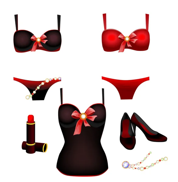 Collection de lingerie séduisante, rouge à lèvres et chaussures — Image vectorielle