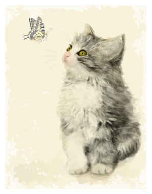 tüylü kedi ve kelebek Vintage tebrik kartı. imitati