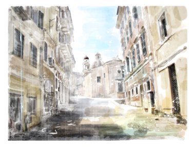 kiliseye giden antik yol Illustration. watercol
