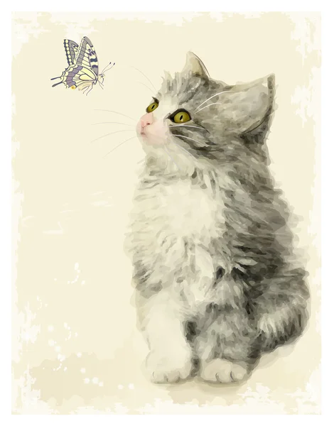 Tarjeta de felicitación vintage con gatito esponjoso y mariposa. Imitati. — Vector de stock