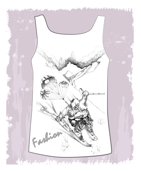 Сорочка з намальованим рукою ескізом фантастичного лижника — стоковий вектор