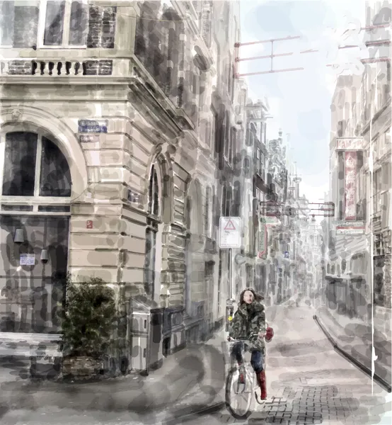 Illustration de rue de la ville. Une fille sur le vélo. Eau — Image vectorielle