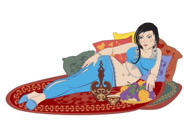 güzel Doğu kadını halı üzerinde yalan