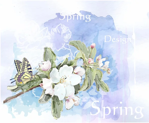 Třešňových květů v plném květu a motýl — Stockový vektor