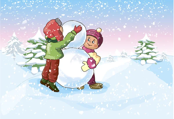 Boy and a Girl make a Snowman — Stock Vector