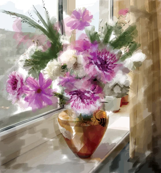 Bouquet de fleurs dans un vase en verre — Image vectorielle