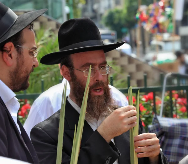 Twee orthodoxe Joden in zwarte hoeden picks lula — Stockfoto