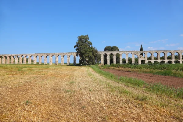 En romersk akvedukt på gräsbevuxen äng — Stockfoto