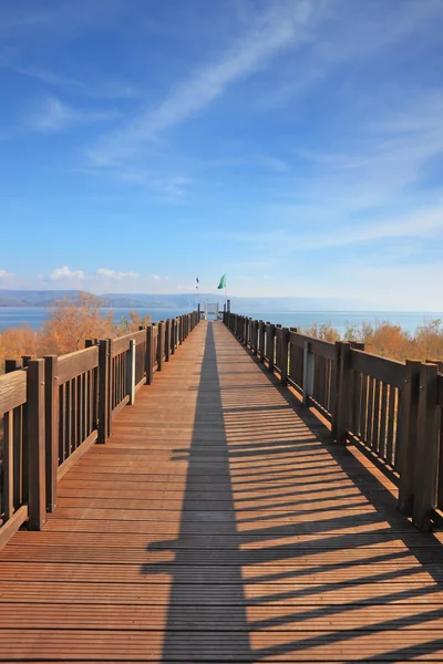 Długie drewniane molo na jeziora kinneret — Zdjęcie stockowe