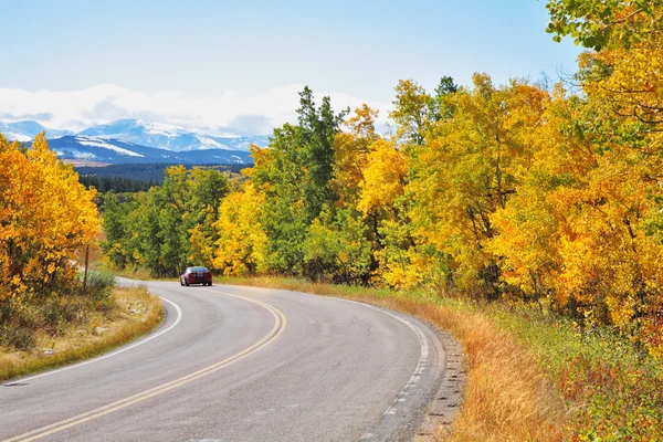 Herbst in Kanada. abrupt biegt die Straße zwischen Bäumen ab — Stockfoto