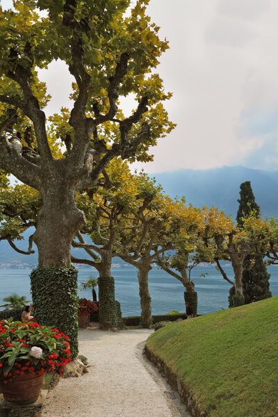 Magnificent park at the Italian villa-museum Balbyanello. Lake Como in the misty haz