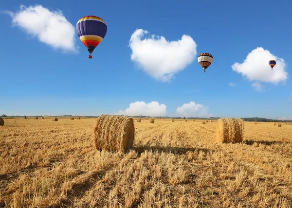 Três balões coloridos voando sobre o campo — Fotografia de Stock