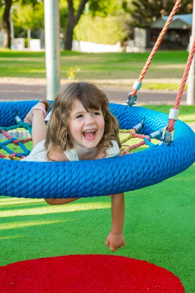 Warm Summer Day Children Park Beautiful Little Girl Long Blond — Stock Photo, Image