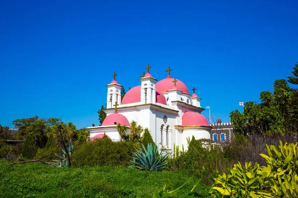 Schneeweiße Kirche Mit Rosa Kuppeln Und Goldenen Kreuzen Orthodoxes Kloster — Stockfoto