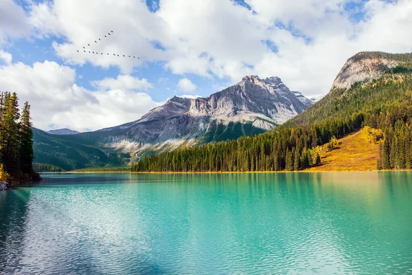 加拿大落基山脉青水环绕着翡翠湖的山峰和针叶林 阳光灿烂的日子 生态和摄影旅游的概念 — 图库照片