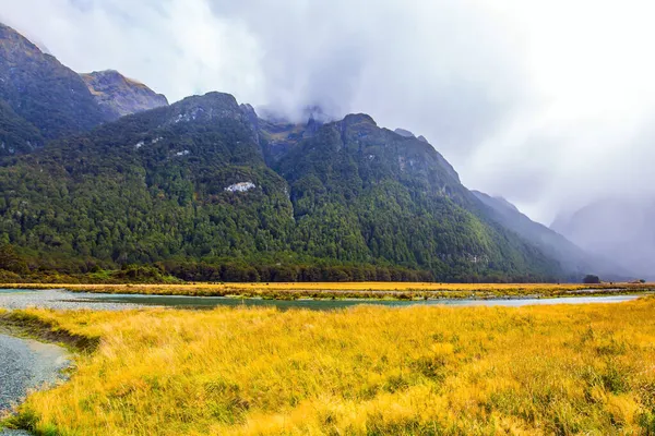 Fält Med Gult Höstgräs Omges Bergssluttningar Dimman Smutsväg Till Milford — Stockfoto