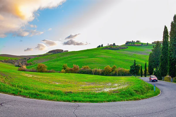 Захід Сонця Чудова Італійська Провінція Тоскана Поля Пагорби Вкриті Легким — стокове фото