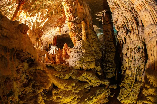Postojna洞穴 斯洛文尼亚巨大的地下洞穴系统 斯洛文尼亚的石灰石高原 用钟乳石和石笋点亮的地下宫殿 — 图库照片
