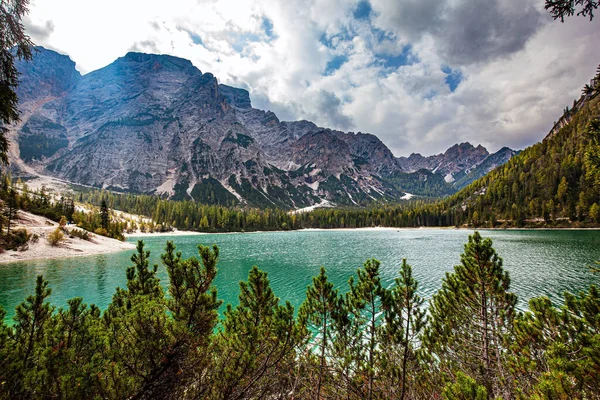 Lago di Braies gölünün berrak mavi-yeşil suyu dağları ve ormanı yansıtır. Avrupa 'ya seyahat. Gölün etrafında harika bir yürüyüş. Görkemli ve resimli Dolomitler. Güney Tyrol