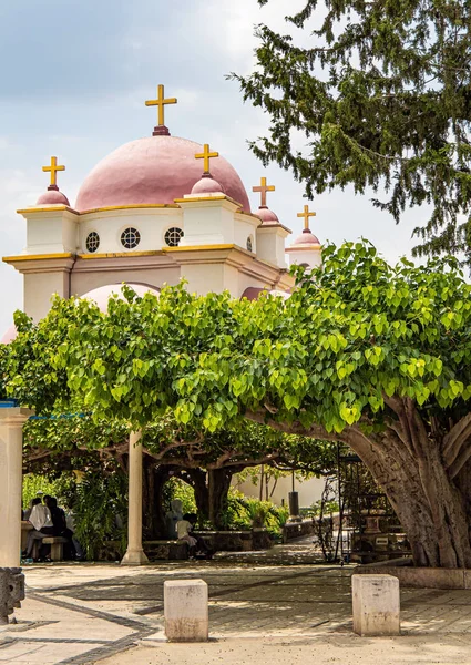 Capernaum Israel Greek Orthodox Monastery Apostles Pink Domes Snow White — Foto Stock