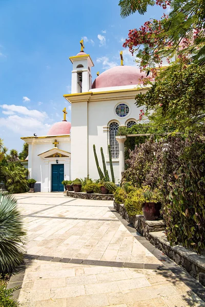 Greek Orthodox Monastery Twelve Apostles Capernaum Israel Pink Domes Snow — Stockfoto