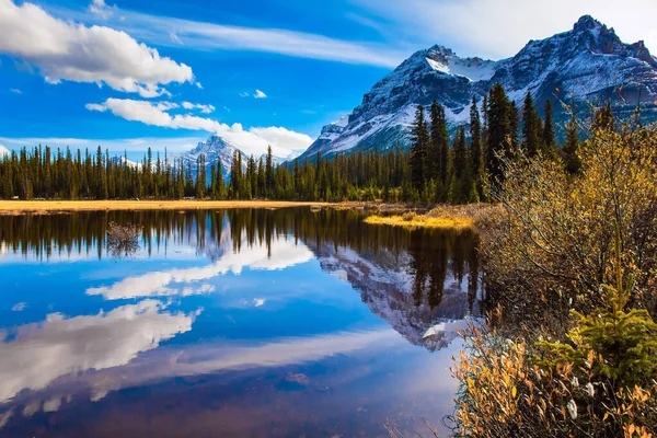 Mountains Forests Lake Rockies Canada Clouds Reflected Smooth Water Lake — Stock Photo, Image