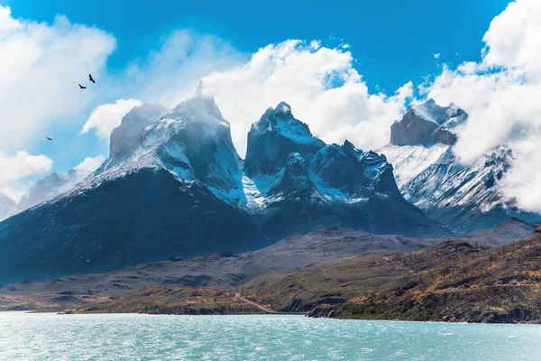 Jeď Chile Malebné Jezero Pehoe Patagonských Andách Slavné Zasněžené Útesy — Stock fotografie