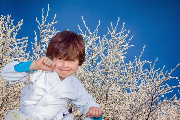 Handsome Boy Judo Uniform Training Judo Northern Winter Sun Low — Stock Photo, Image