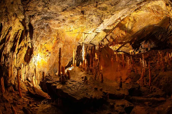 Postojna洞穴 斯洛文尼亚的石灰石高原 斯洛文尼亚的巨大洞穴系统 用钟乳石和石笋点亮的地下石窟 — 图库照片
