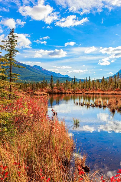 秋の紅葉の山や湖 ヴァーミロン湖は雪に覆われた白い雲を反映している カナダのロッキー山脈の壮大な黄金の秋 — ストック写真