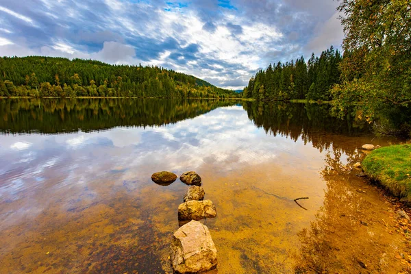 Clouds Coastal Forest Picturesquely Reflected Clear Smooth Water Lovely Glacial — Stock Photo, Image