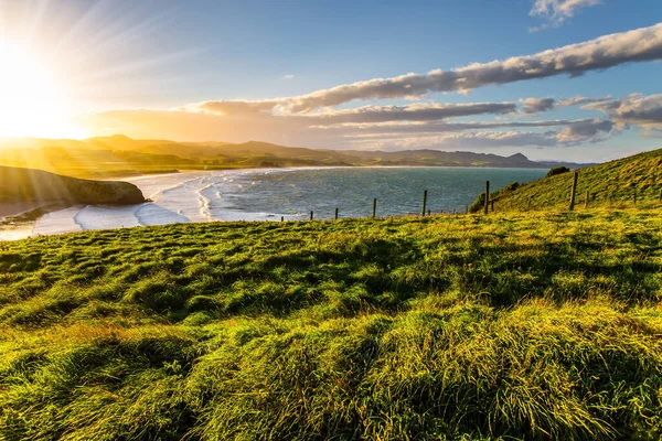 Csodálatos Nyári Naplemente Csendes Óceánon Zéland Fenséges Szépsége Déli Sziget — Stock Fotó