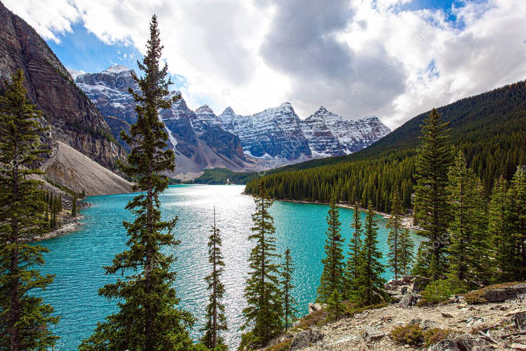 Canadian Rockies. One of the most beautiful lakes in the world - Moraine Lake. Valley of the Ten Peaks. The water in the lake is of a beautiful azure color. Travel to northern Canada