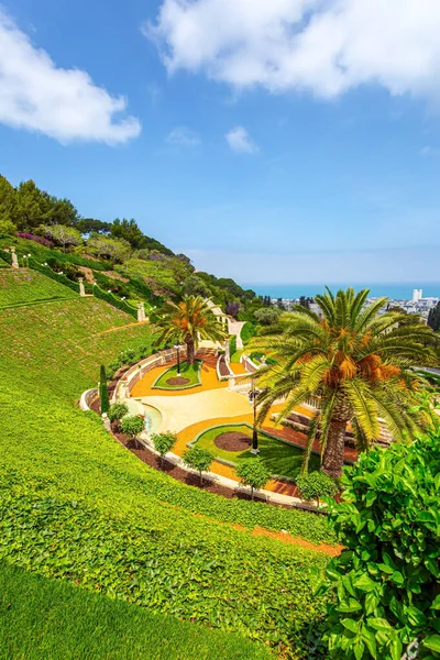 从海法卡梅尔山看风景 五彩缤纷的花园 柏树和青翠的草坪吸引着朝圣者和游客 以色列 晴朗的晴天 — 图库照片