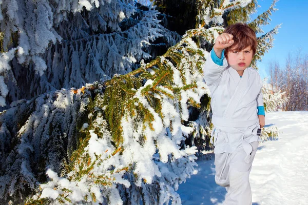 Winter Coniferous Forest Handsome Boy White Judo Uniform Training Judo — Stock Photo, Image