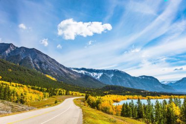 İlk kar Kanada Kayalıkları 'nın zirvelerine düştü bile. Asfalt karayolu Abraham Lake 'e çıkıyor. Ağaç ve kavak ağaçlarının sarı yaprakları yeşil kozalaklılarla karıştırılır..