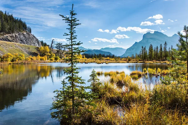 印第安人之夏 的魔力弗米隆湖在黄色的秋天的草丛中 加拿大落基山脉壮丽的风景 生态和摄影旅游的概念 — 图库照片
