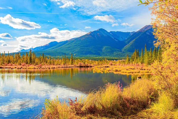 Smooth Water Lake Vermillon Reflects Clouds Canada Indian Summer Rocky — 图库照片