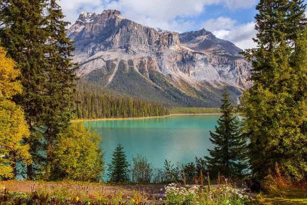 Floresta Coníferas Picos Montanha Cercam Lago Com Água Azul Lago — Fotografia de Stock