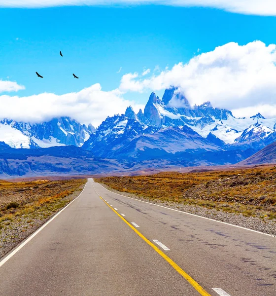 Meşhur Fitzroy Dağı 'na giden yol. Meşhur en tepedeki kaya tekelleri güneş tarafından aydınlatılır. Arjantin Patagonya 'sı. Sonsuz düzlükler sarı sonbahar otlarıyla kaplıdır.